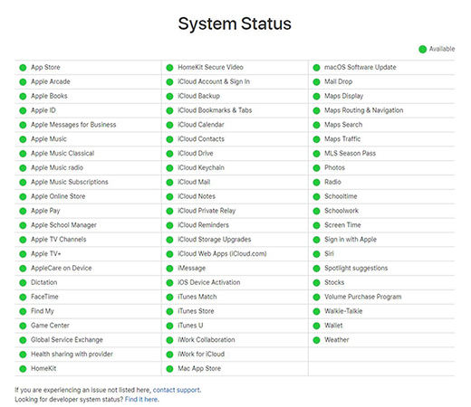 Página de estado del sistema Apple