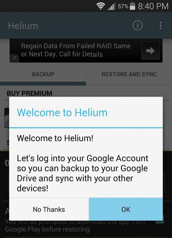 Póngase en contacto con la aplicación de respaldo para Android como Helium Premium