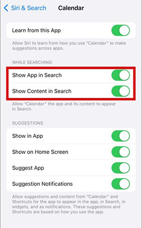 Calendario Siri Configuración de búsqueda