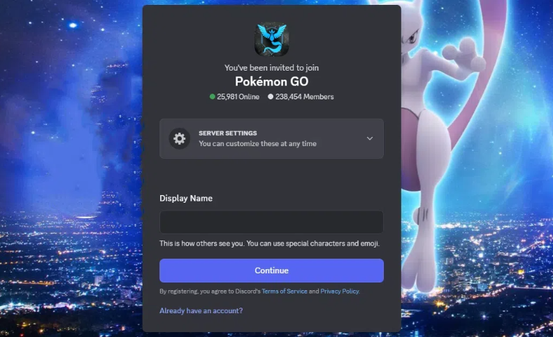 Haga clic en Continuar desde Pokemon Go Discord