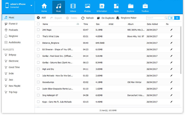 Vista previa de la lista de reproducción de iPhone en PC