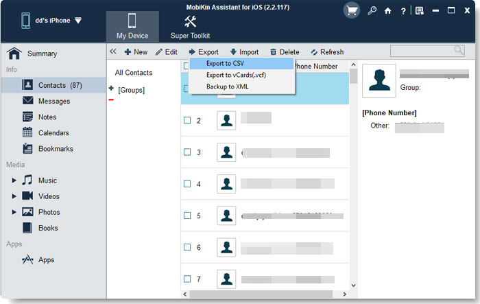 Ver contactos de iPhone en la computadora a través del asistente para iOS