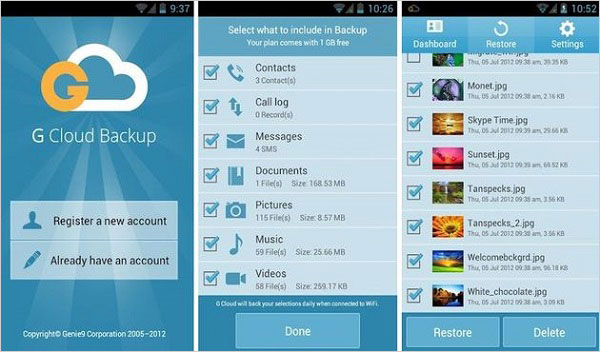 Aplicación de copia de seguridad de los contactos de Android como G Cloud Backup