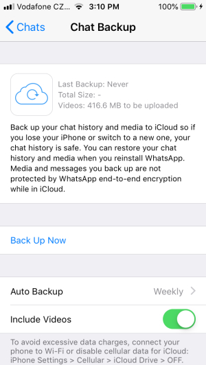 Deshabilitar videos al hacer una copia de seguridad de WhatsApp
