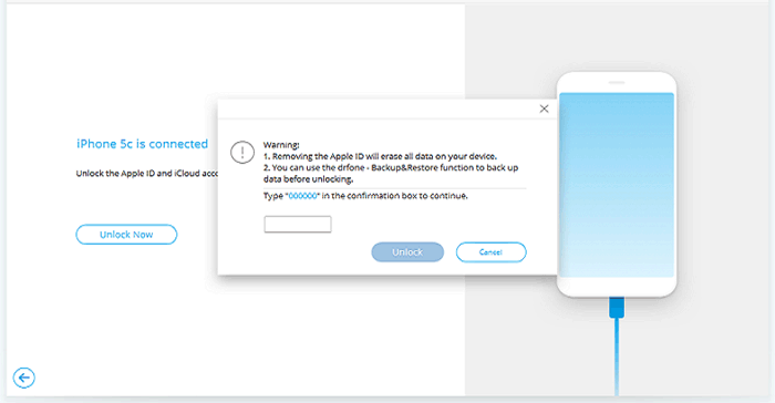 Toque Desbloquear ahora para eliminar la cuenta iCloud de iPhone