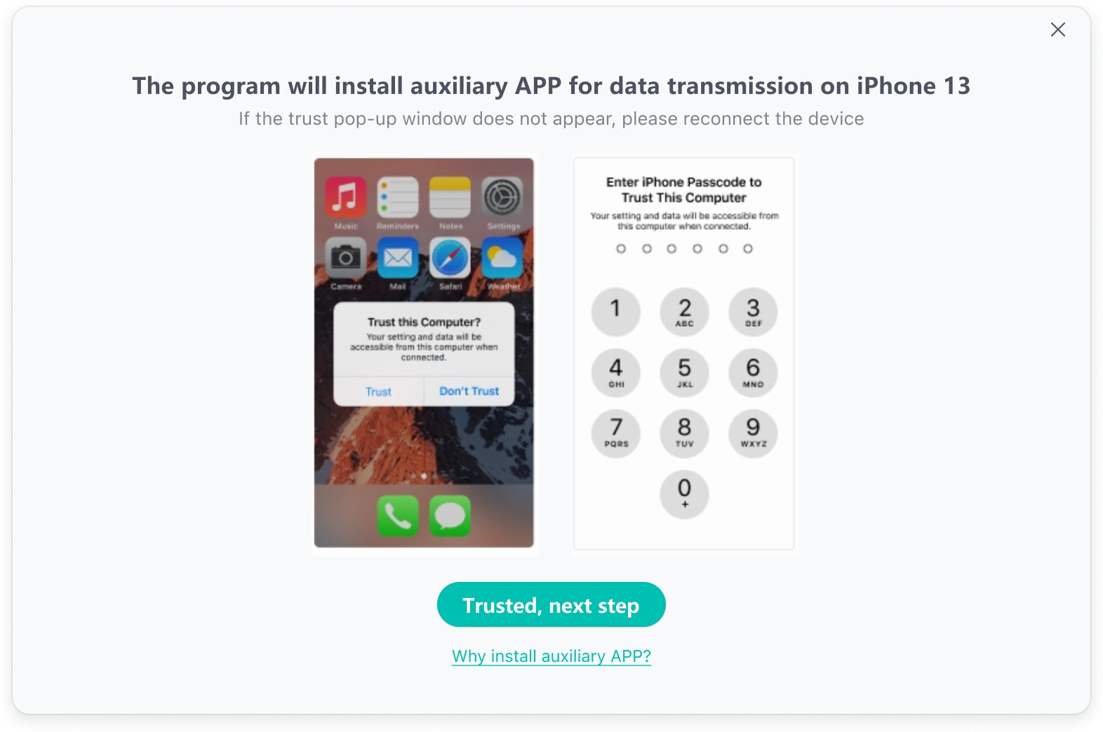 Transferir datos de Android a iPhone Step3 Autorizar