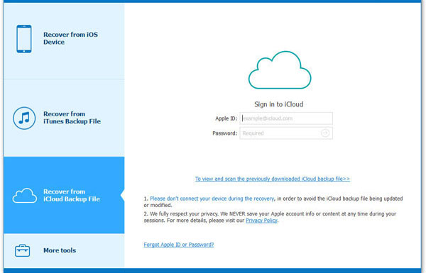 Elija la pestaña Recuperar desde el archivo de copia de seguridad de iCloud