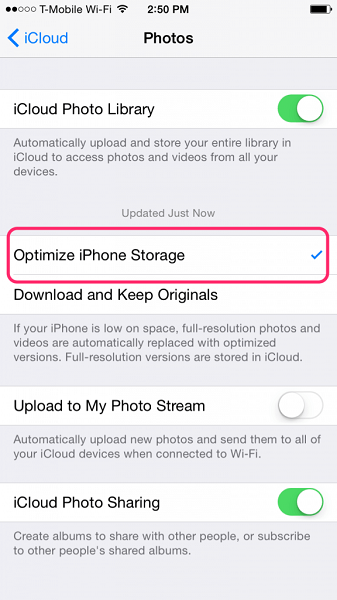 Optimizar el almacenamiento de iPhone para arreglar iPhone dice que no hay suficiente almacenamiento, pero hay
