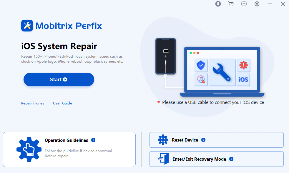 Mobitrix Perfix Haga clic en Inicio para solucionar los problemas de software de iOS