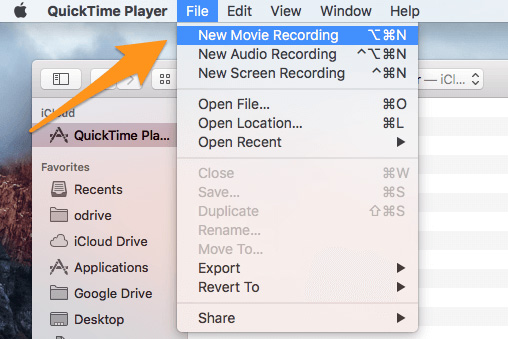 Iniciar el reproductor Quicktime y abrir una nueva grabación