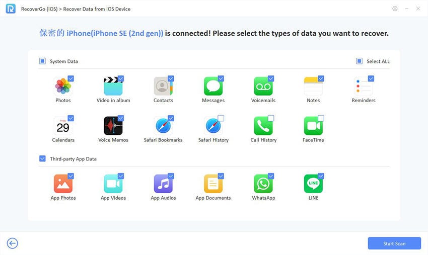 Guía de Recovergo iOS: seleccione Tipo de datos para la recuperación de datos de iPhone