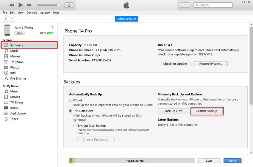 restaurar desde iTunes iPhone 14 Pro ios 16