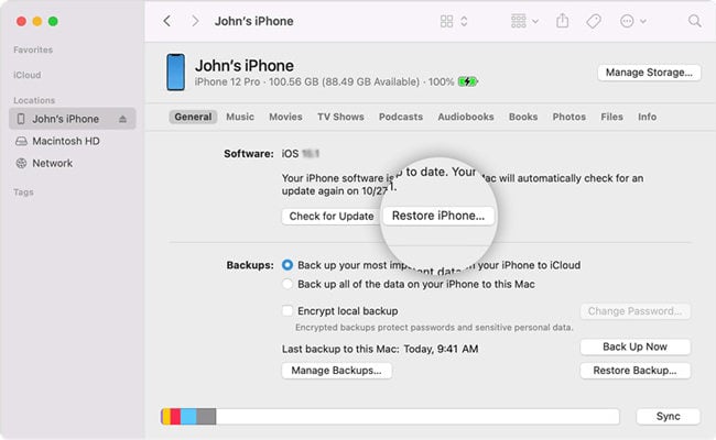 Restaurar iPhone a través de iTunes para arreglar la pantalla de la muerte de iPhone Gray