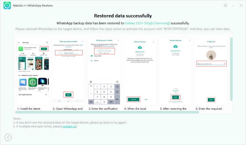 Guía Watsgo - Restauración de la copia de seguridad de WhatsApp a Android con éxito