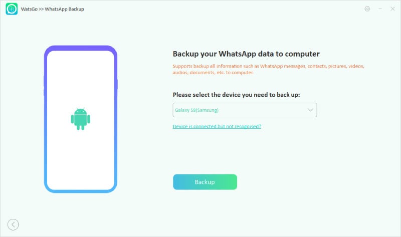 Elija el modelo de dispositivo y toque la copia de seguridad