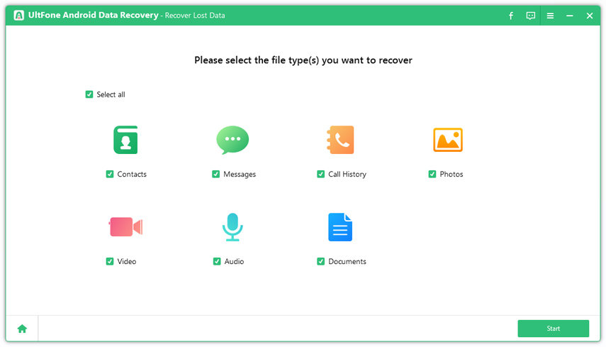 Elija el tipo de archivo y comience a escanear mensajes de texto eliminados en Android