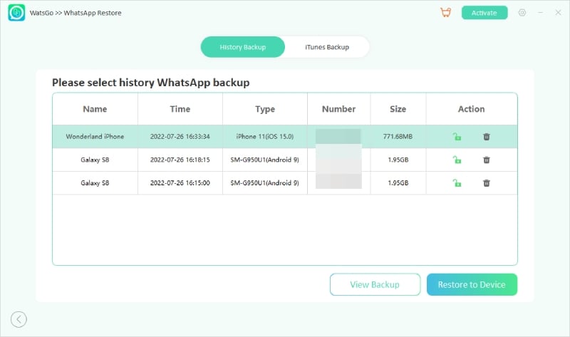 Seleccionar copia de seguridad del historial