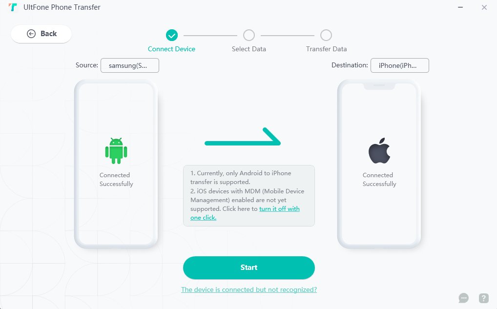 Transferir datos de Android a iPhone Step4 Inicio