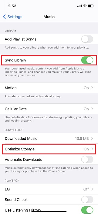 Encienda la biblioteca de sincronización en la música para resolver el almacenamiento de iPhone casi lleno