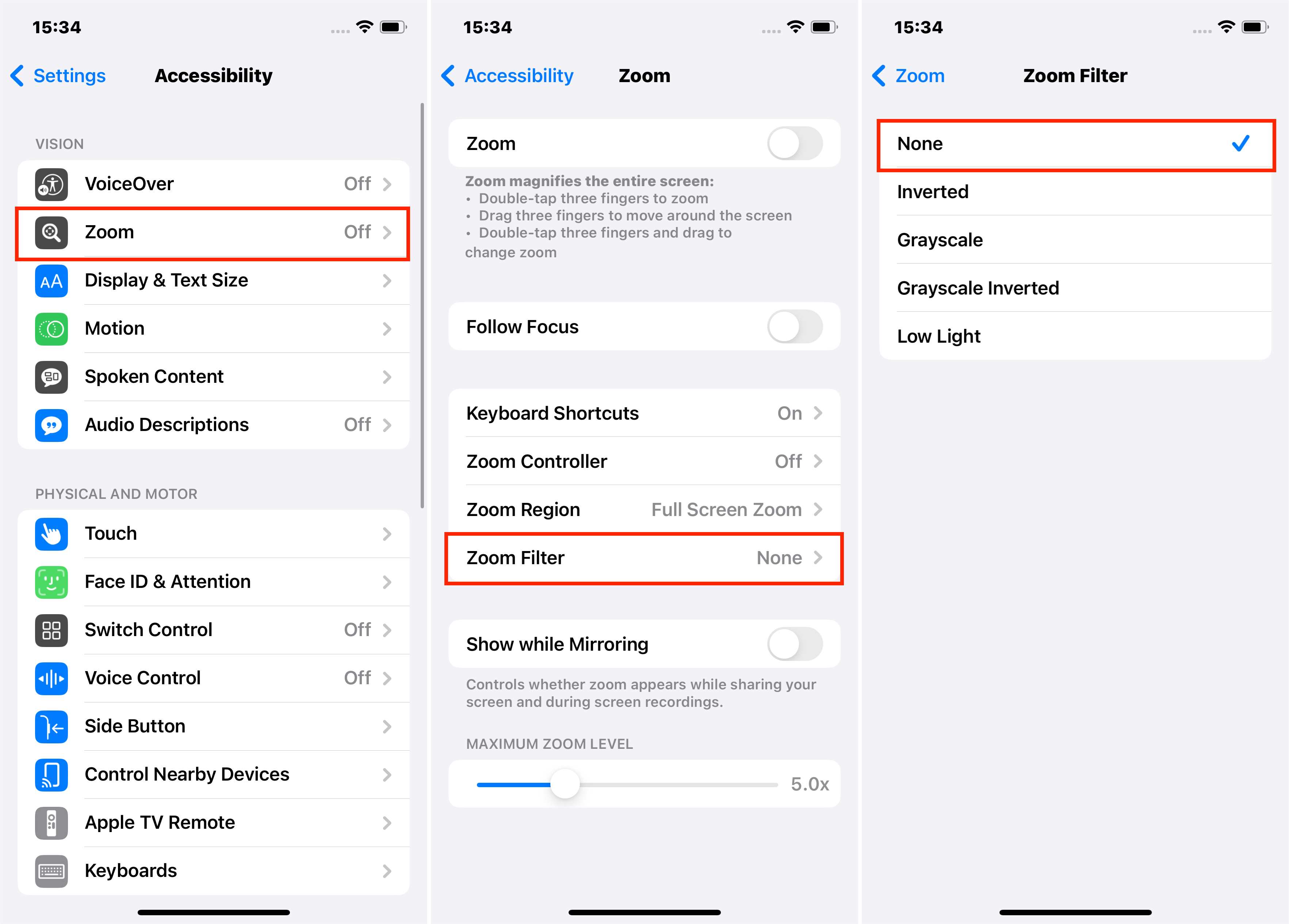 Apague el modo de escala de grises en el iPhone a través de la configuración del filtro de zoom