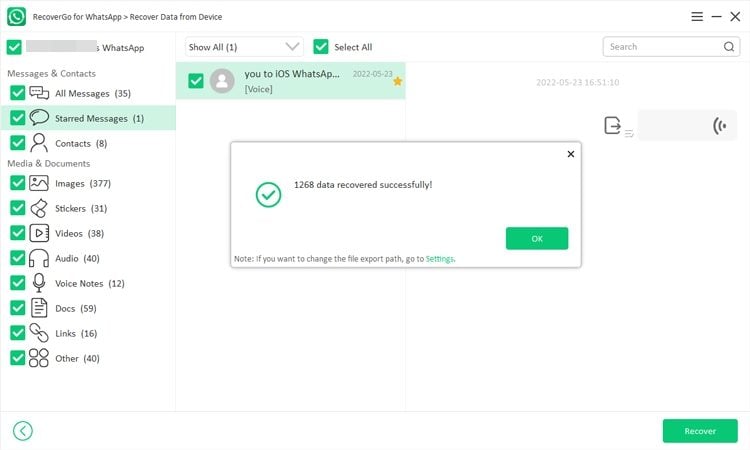 Datos de WhatsApp exportados Recovergo whatsapp